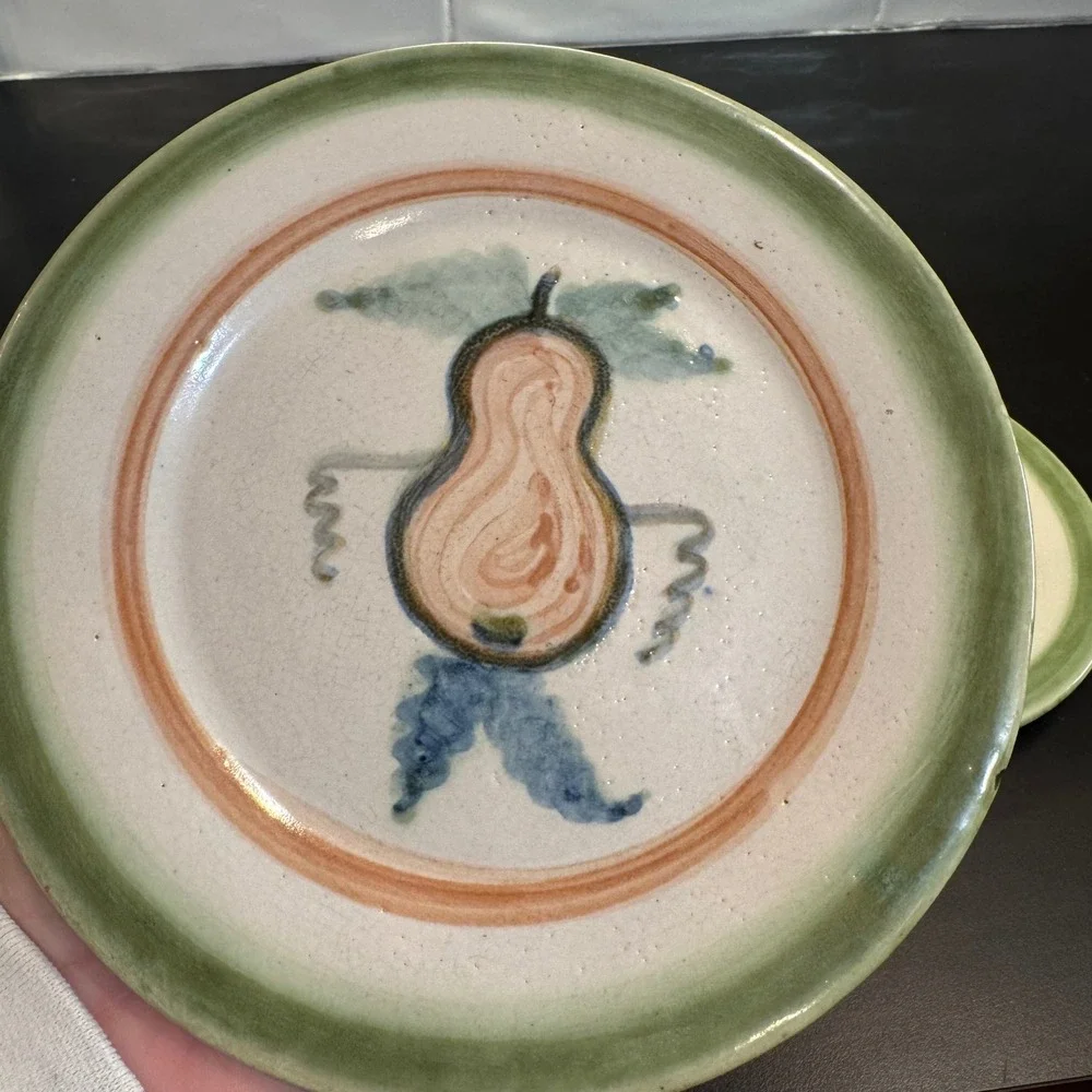 John B Taylor Harvest Pear Plates Set of 2 6.5in Cream Green Folk Art Stoneware